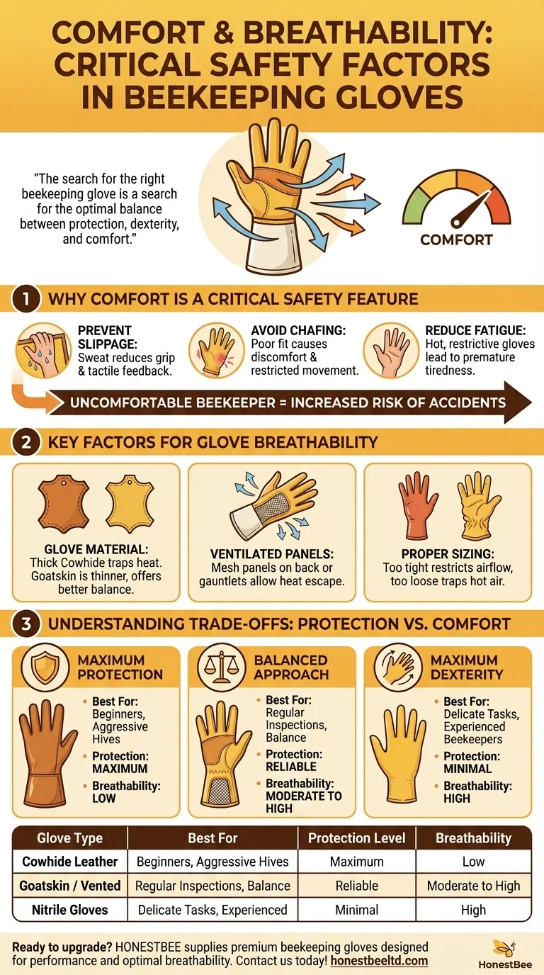 What should be considered for comfort and breathability in beekeeping gloves? Achieve All-Day Hive Management Comfort Visual Guide