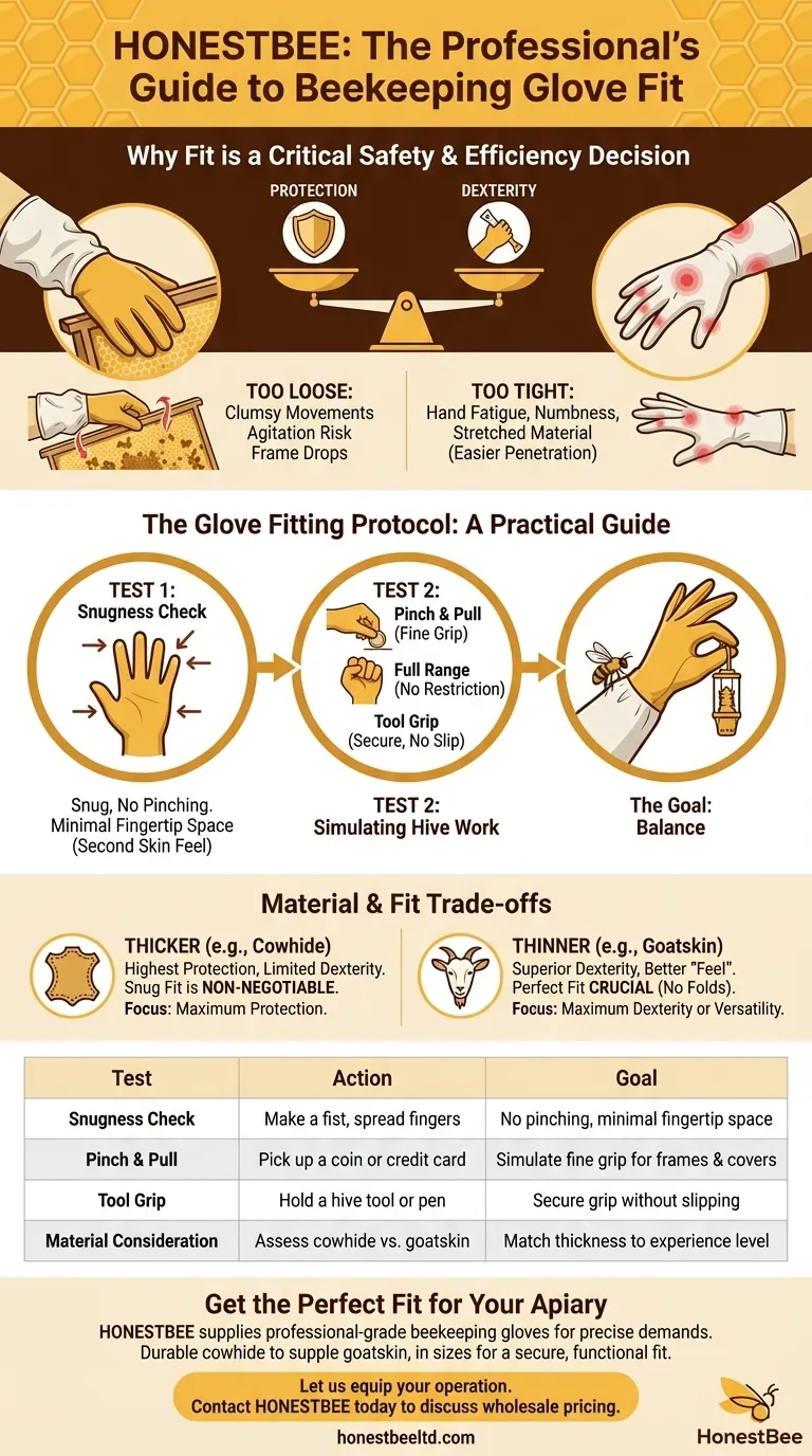 How can you test the fit of beekeeping gloves before purchasing? Ensure Dexterity and Protection Visual Guide