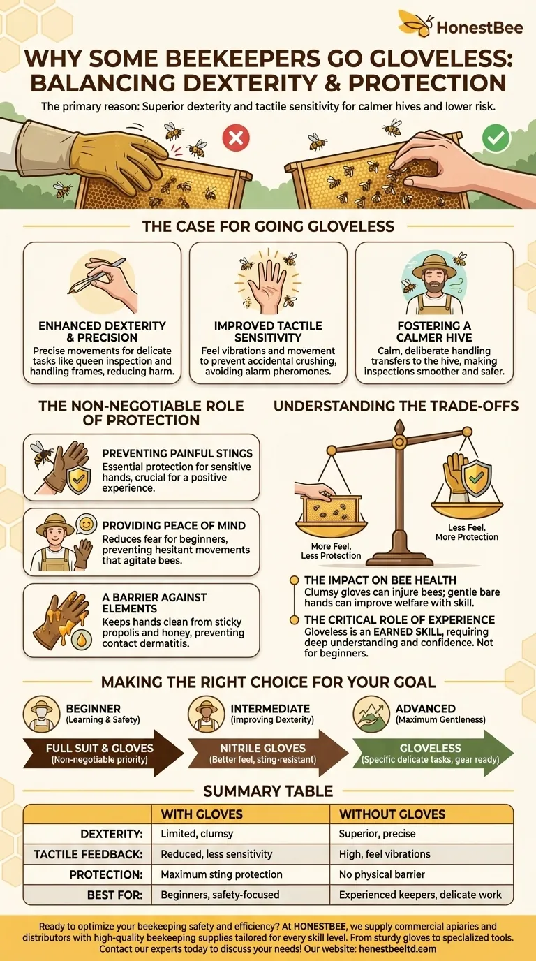 لماذا يختار بعض مربي النحل عدم ارتداء القفازات؟ للحصول على براعة فائقة وخلية نحل أكثر هدوءًا. دليل مرئي