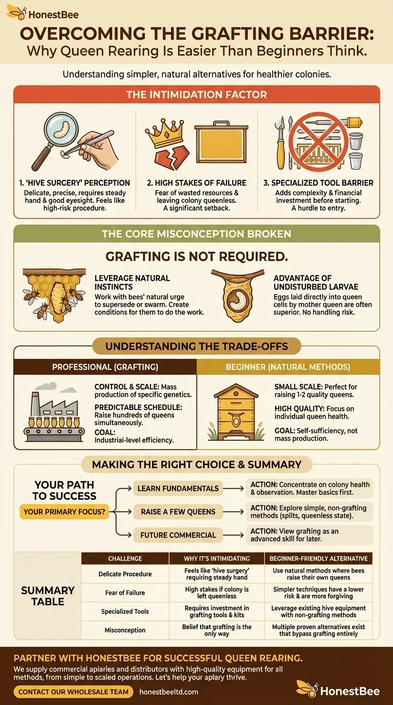 Why might grafting be a disincentive for beginners in beekeeping? Explore Simpler Queen Rearing Methods Visual Guide