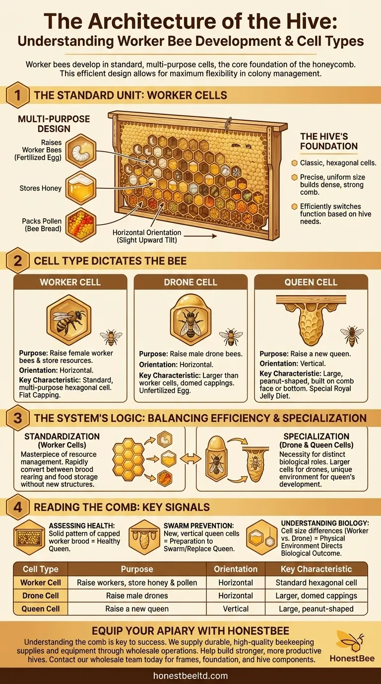 What type of cells do worker bees develop in? The Multi-Purpose Foundation of the Hive Visual Guide