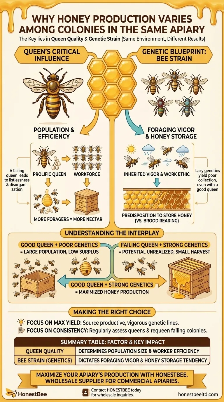 Quels facteurs peuvent entraîner des différences dans la production de miel entre les colonies d'abeilles du même rucher ? La reine et la génétique sont essentielles Guide Visuel
