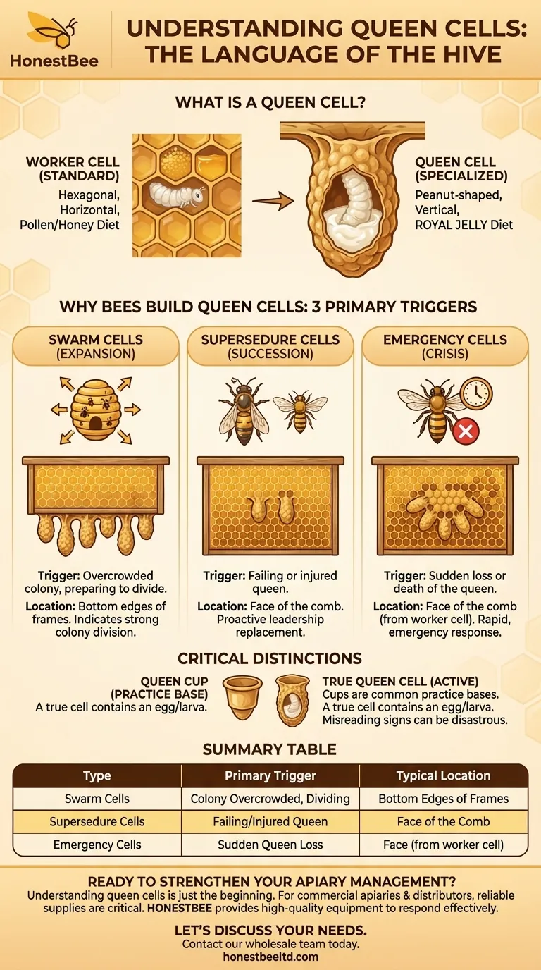 What are queen cells, and where are they located in the hive? Master Bee Colony Management Visual Guide