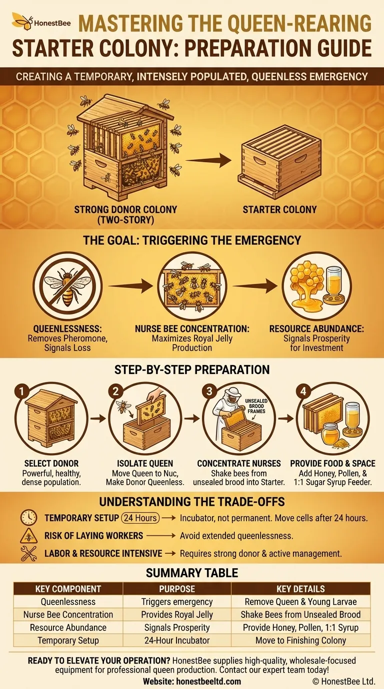 How is a starter colony prepared for queen raising? A Step-by-Step Guide to High-Quality Queen Cells Visual Guide