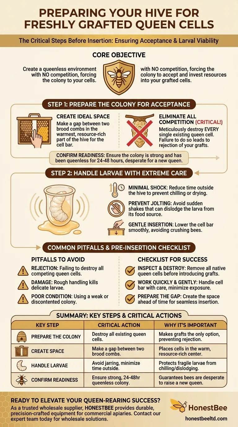 What should be done before inserting freshly grafted or started cells? Ensure High Queen Acceptance Rates Visual Guide