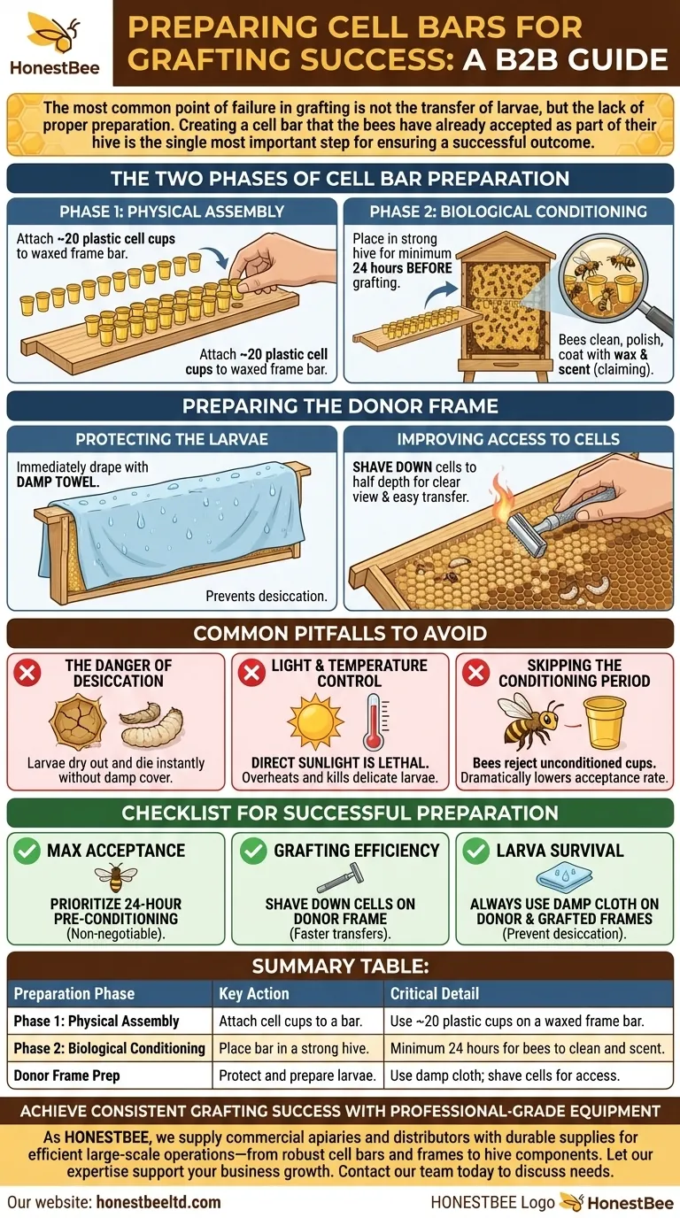 How should the bars of cells be prepared for grafting? Master the Key to Successful Queen Rearing Visual Guide