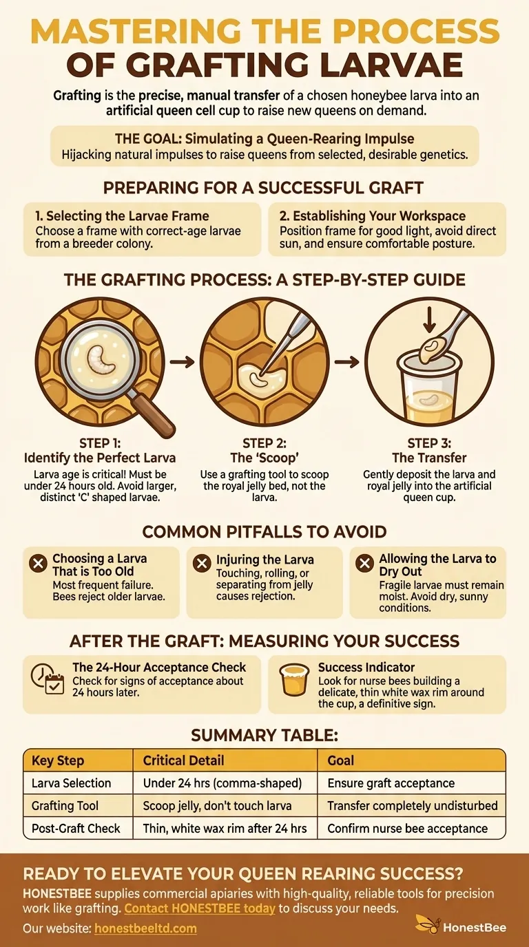Qual è il processo di innesto delle larve? Padroneggia l'arte dell'allevamento di regine per il tuo apiario Guida Visiva