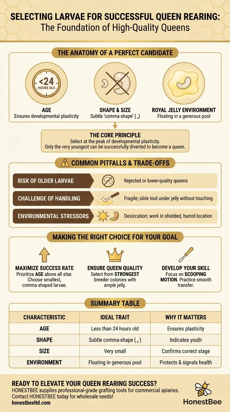 What are the characteristics of larvae suitable for grafting? Master Queen Rearing with the Perfect Larva Visual Guide