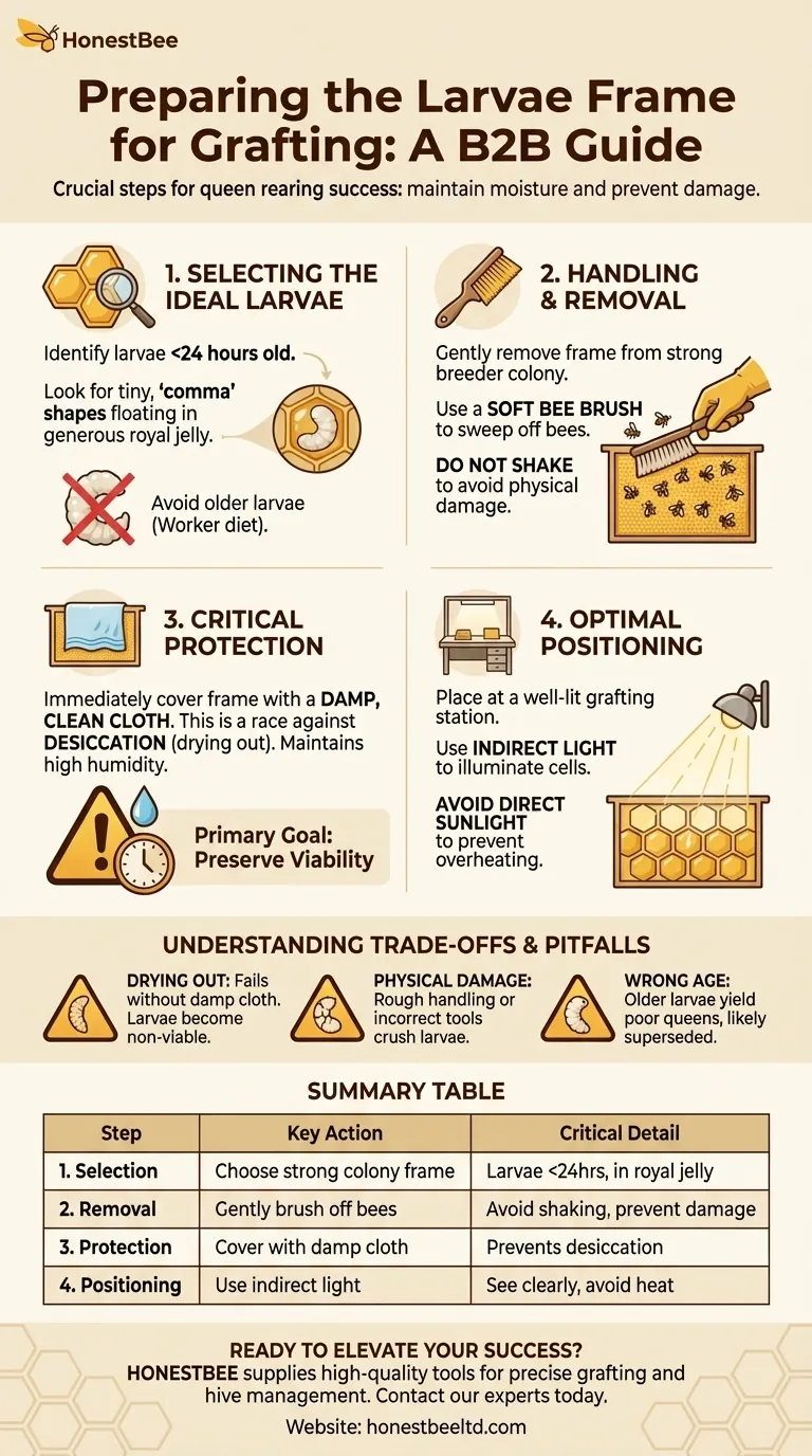 How should the frame of larvae be prepared for grafting? A Guide to Maximizing Larval Survival Visual Guide