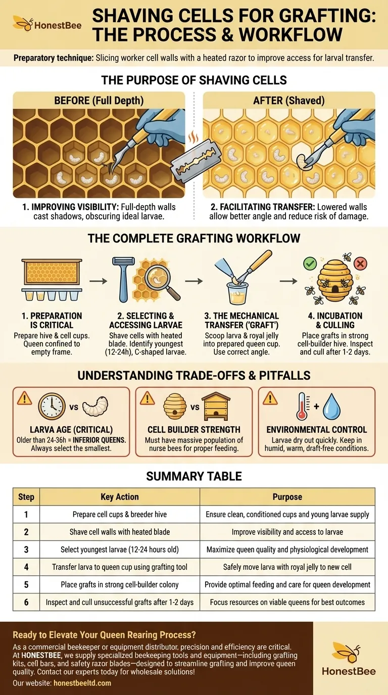 What is the process of shaving the cells for grafting? Improve Queen Rearing Success with This Technique Visual Guide