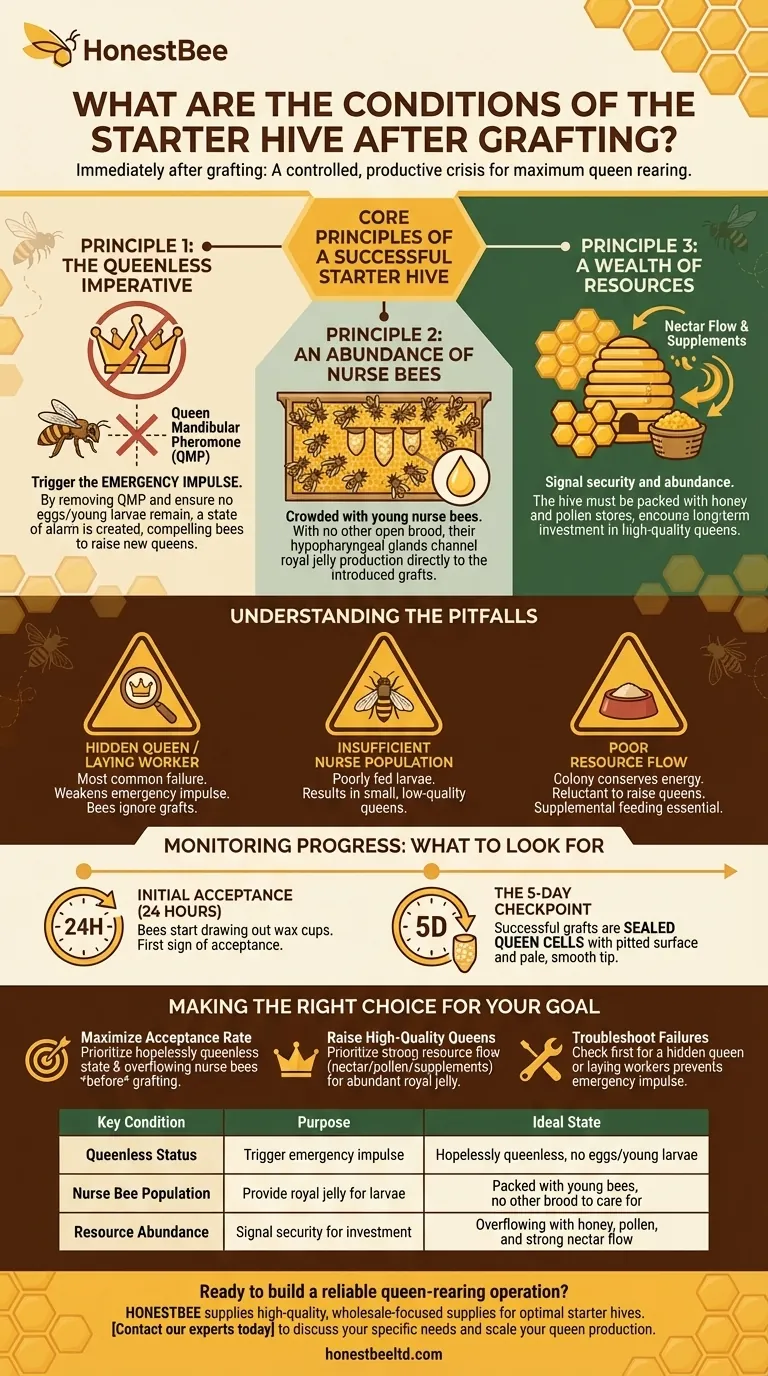 What are the conditions of the starter hive after grafting? Engineer a High-Acceptance Queen-Rearing Environment Visual Guide
