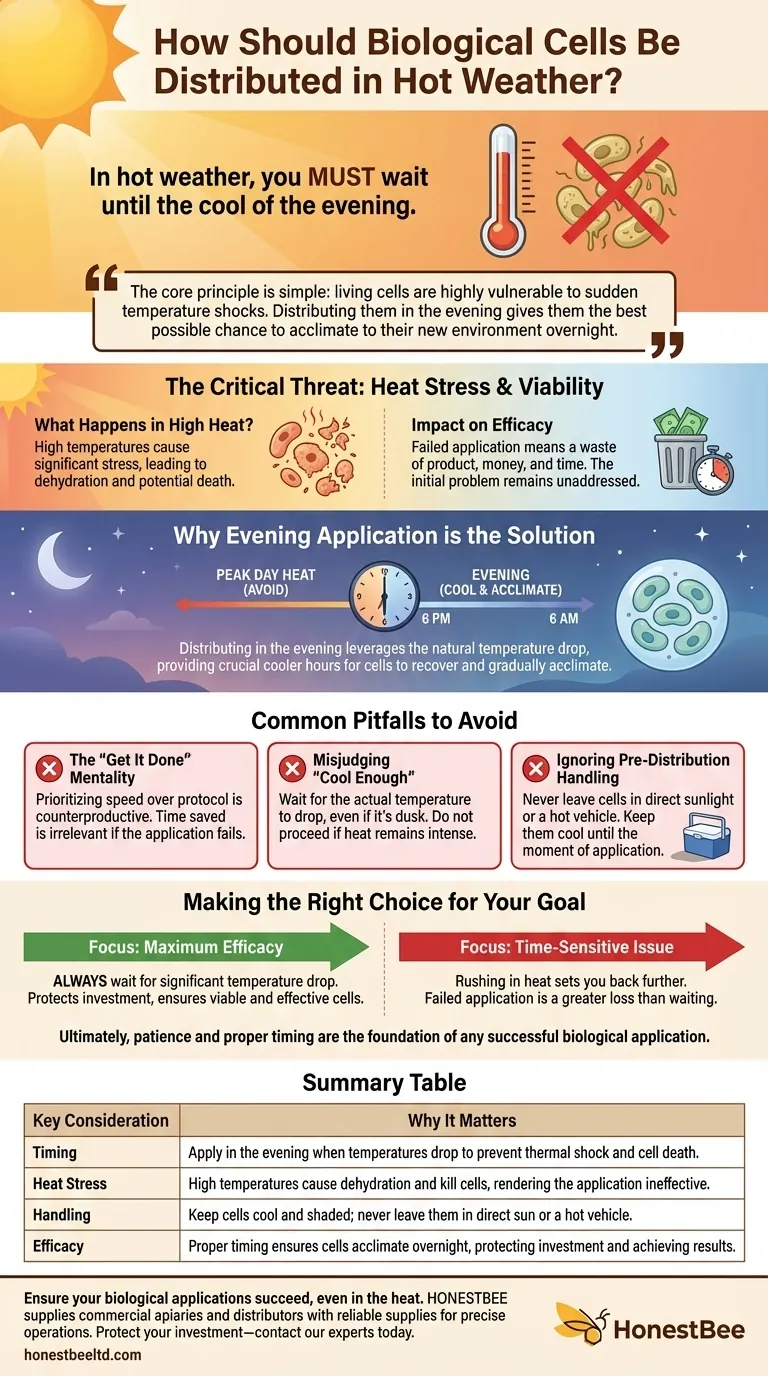 How should cells be distributed in hot weather? Maximize Viability with Evening Application Visual Guide
