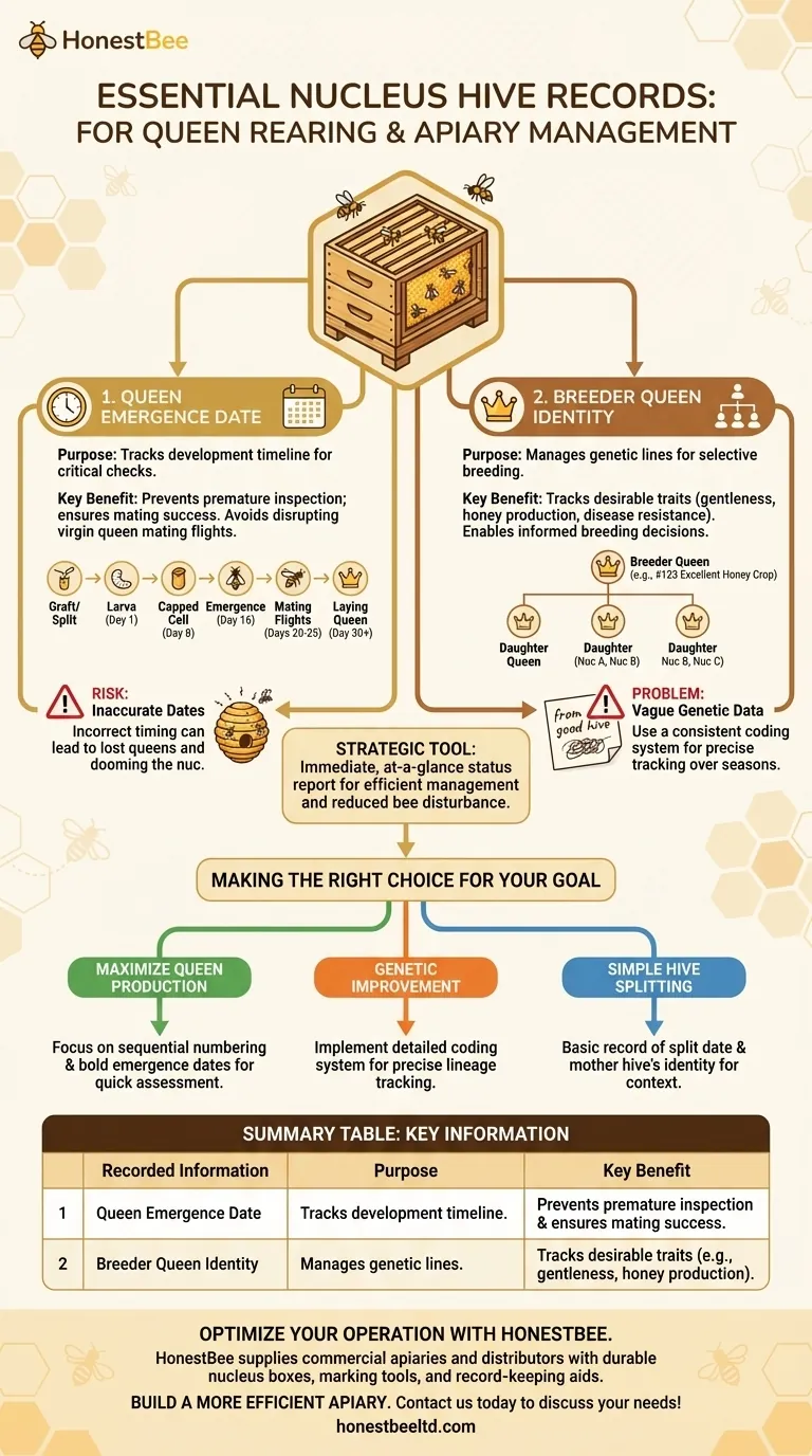 What information should be recorded on each nucleus? Track Queen Emergence and Genetics for Success Visual Guide