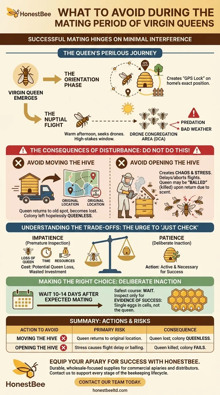 What should be avoided during the mating period of virgin queens? Ensure a Successful Mating Flight Visual Guide