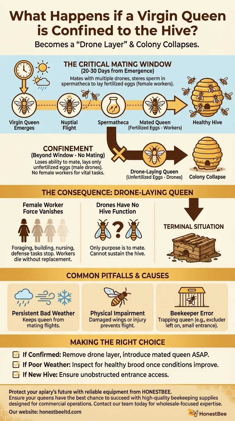 What happens if a virgin queen is confined to the hive for too long? The Path to a Drone-Laying Queen and Colony Collapse Visual Guide