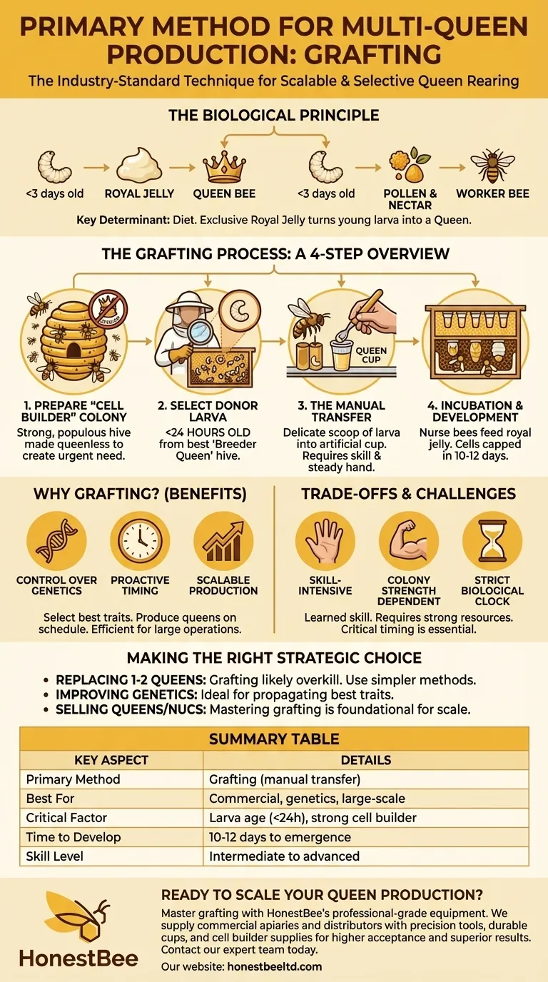 What is the primary method beekeepers use to produce multiple queen honey bees in a season? Master Grafting for Superior Genetics Visual Guide
