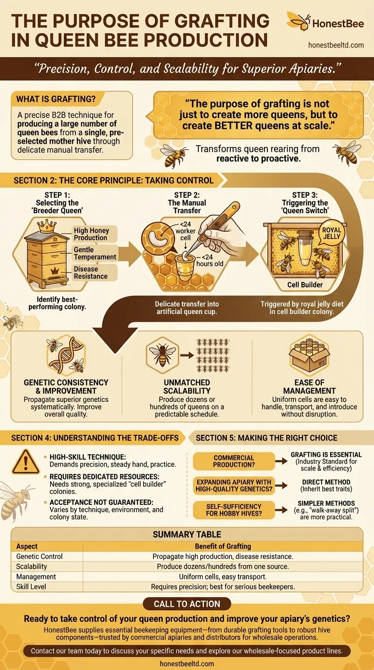 What is the purpose of grafting in queen bee production? Scale Your Apiary with Superior Genetics Visual Guide