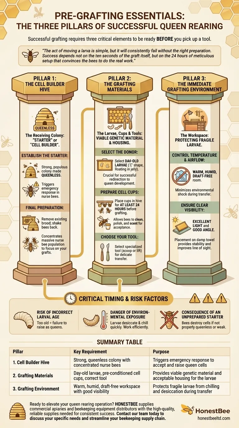 What is required before grafting can begin? Master the 3 Critical Pillars for Queen Rearing Success Visual Guide