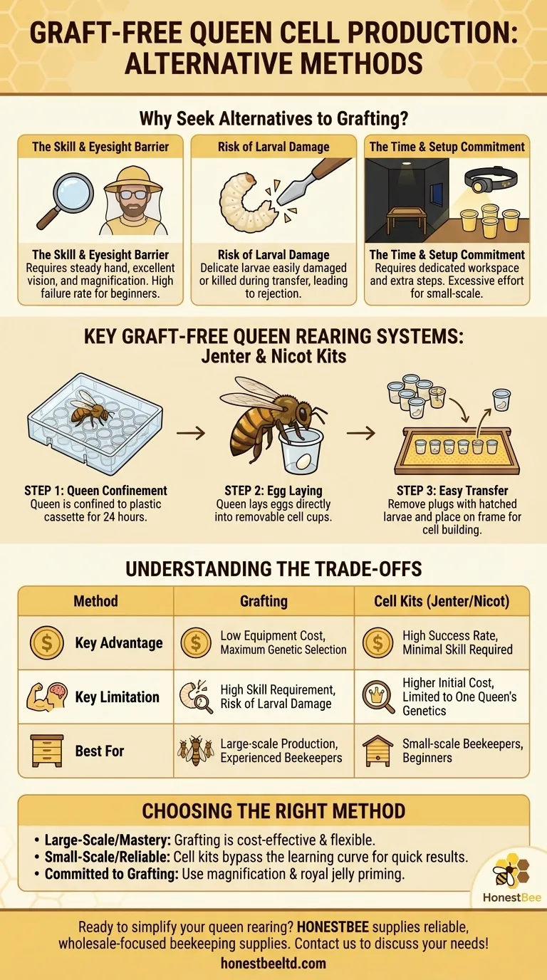 What are some alternative methods to grafting for queen cell production? Discover Graft-Free Queen Rearing Systems Visual Guide