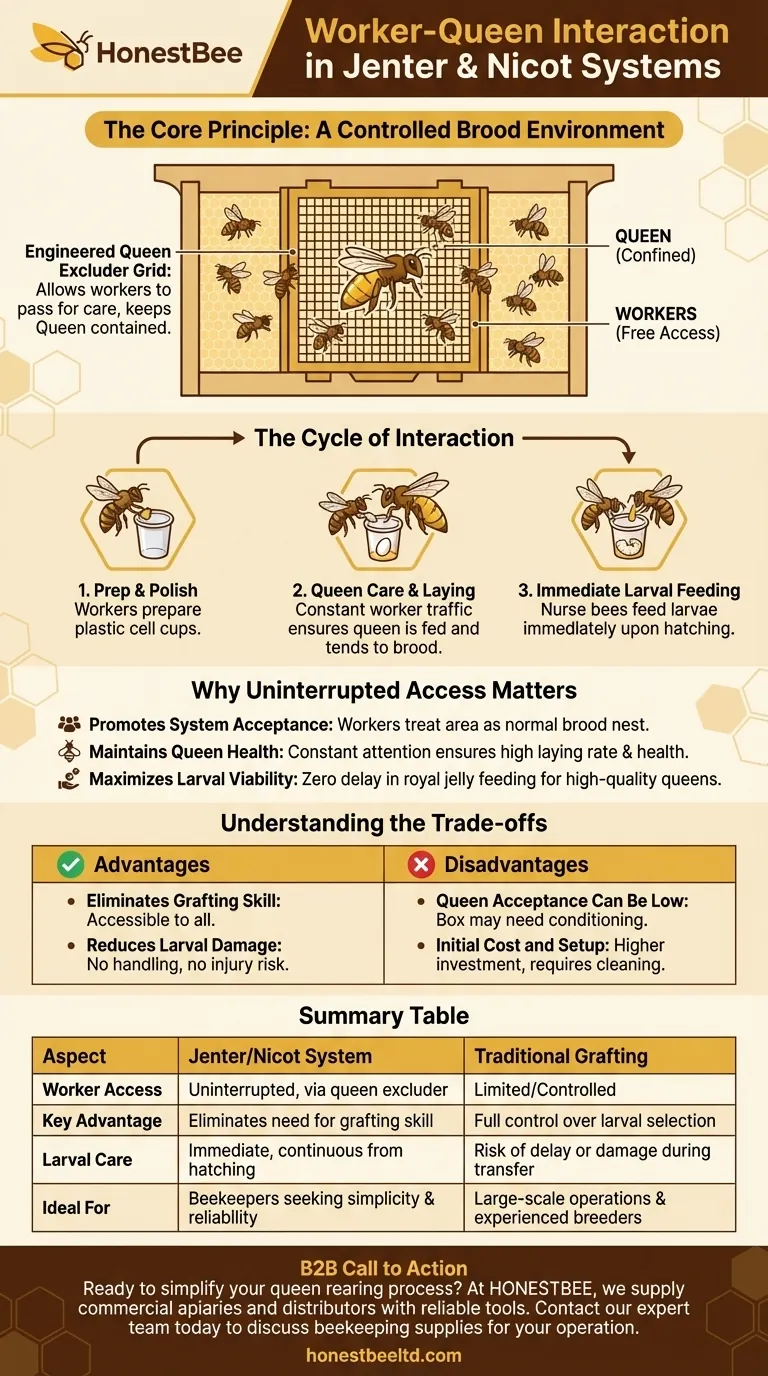 How do workers interact with the queen in the Jenter and Nicot systems? Graft-Free Queen Rearing Explained Visual Guide