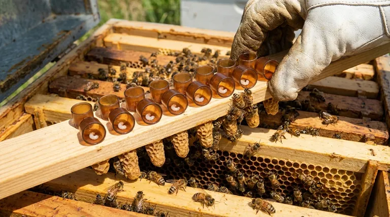What happens to the brown cell cups after the eggs hatch into larvae? The Critical Grafting Step for Queen Rearing