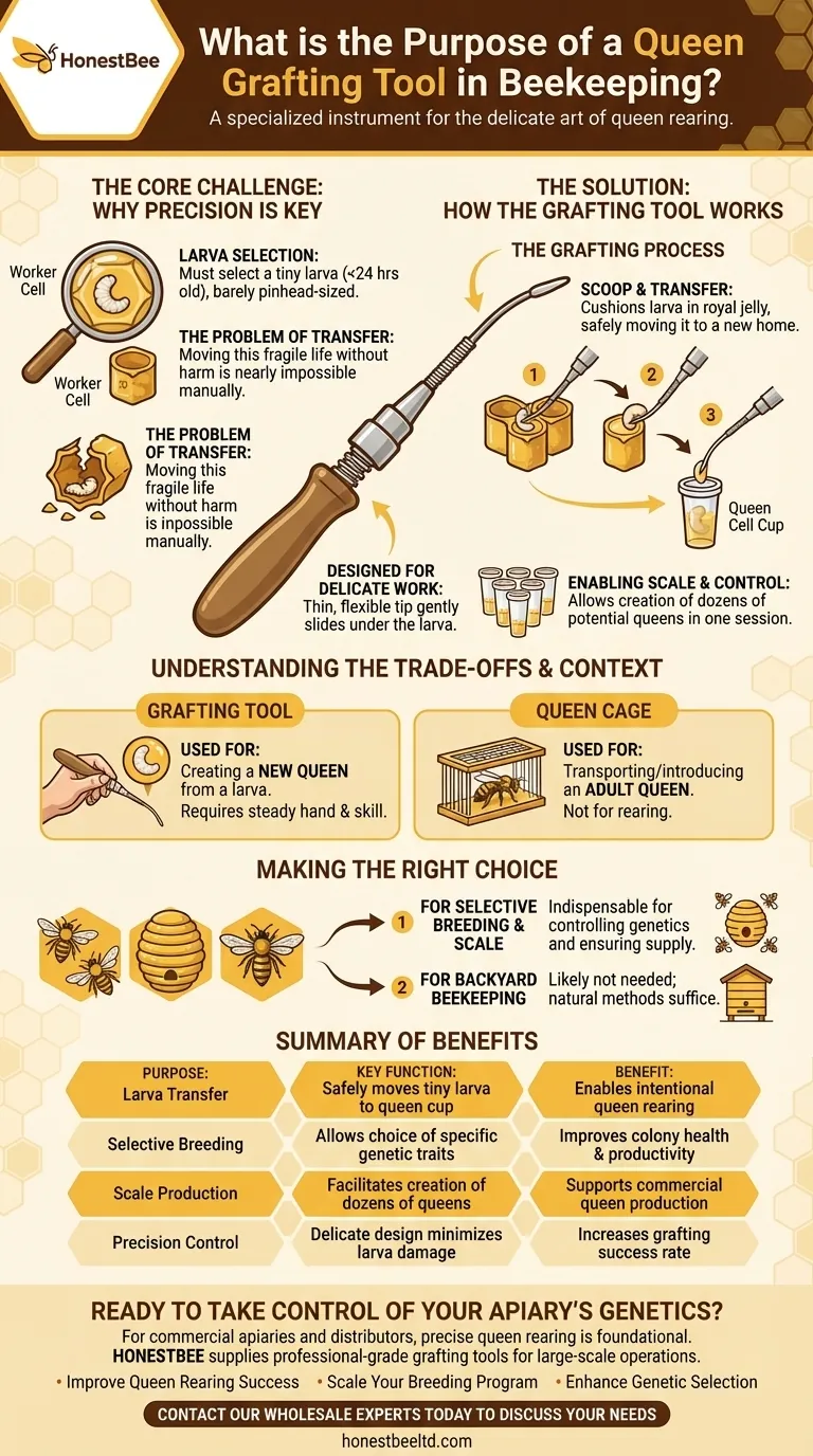 What is the purpose of a queen grafting tool in beekeeping? Master Larva Transfer for Selective Breeding Visual Guide