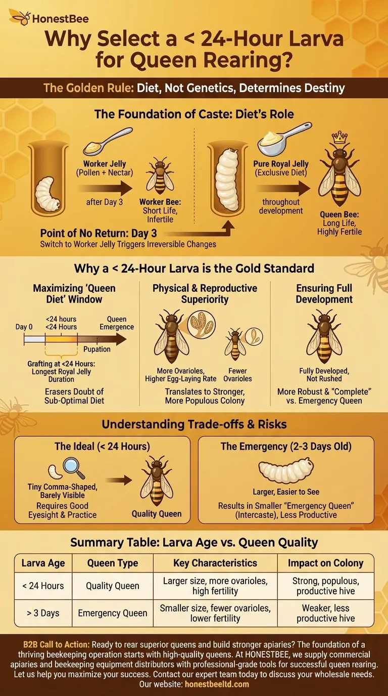 Why is it important to select a healthy larva less than 24 hours old for queen rearing? Maximize Queen Quality and Colony Strength Visual Guide