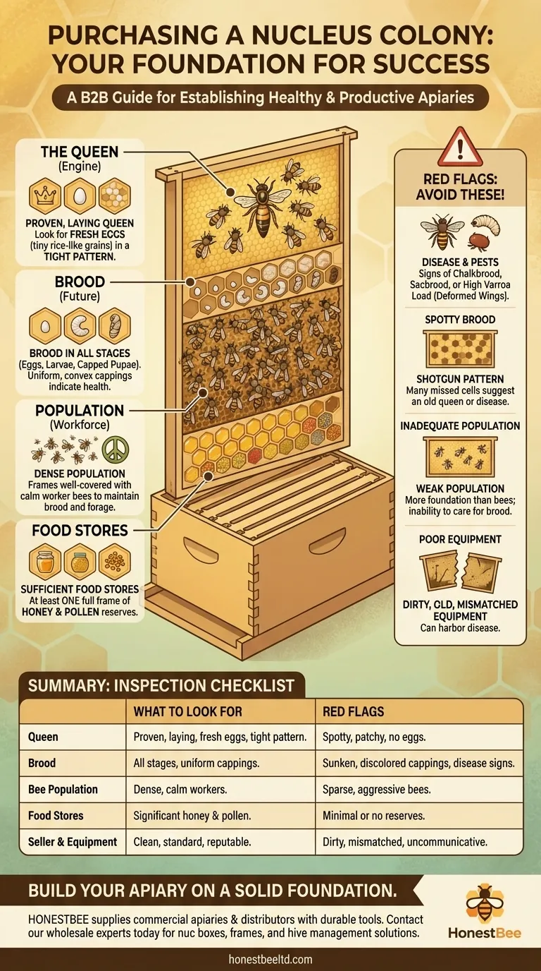 What should be considered when purchasing nucleus colonies? A Guide to Choosing a Healthy, Productive Nuc Visual Guide
