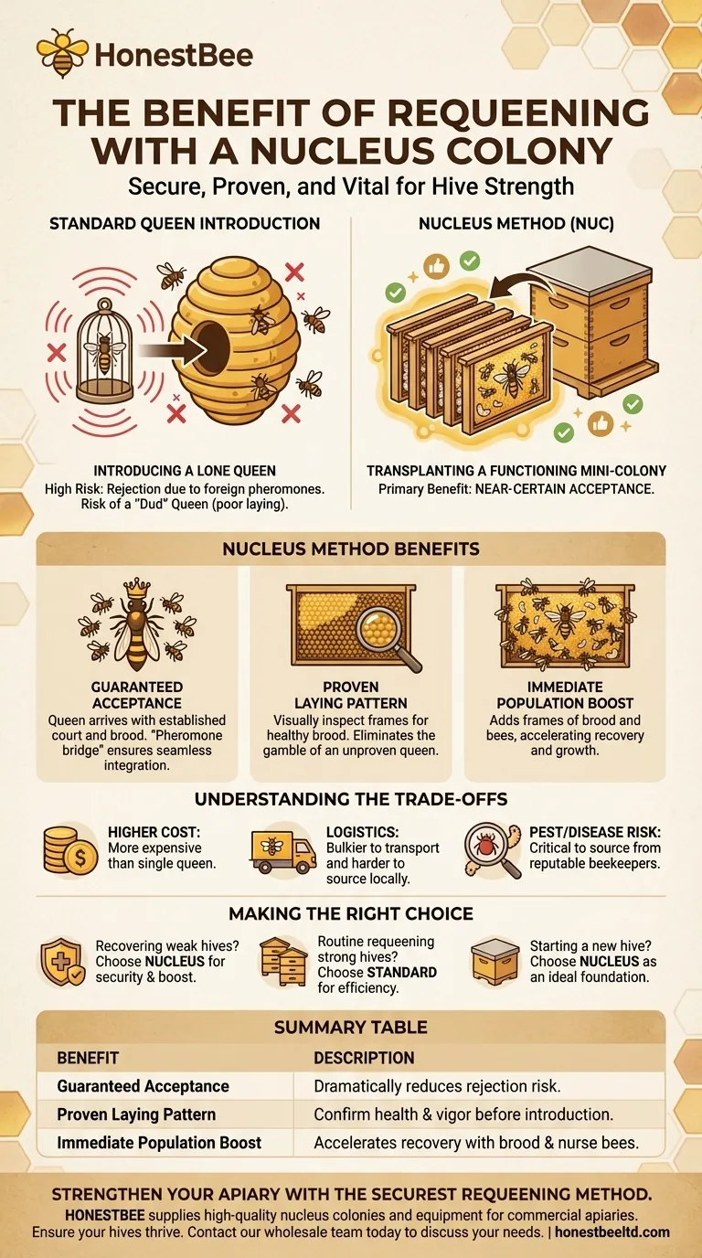 What is the benefit of requeening with a nucleus? Guarantee Queen Acceptance & Boost Hive Strength Visual Guide