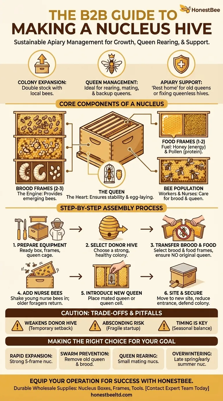 What is the process of making a nucleus in beekeeping? Master Sustainable Apiary Management Visual Guide
