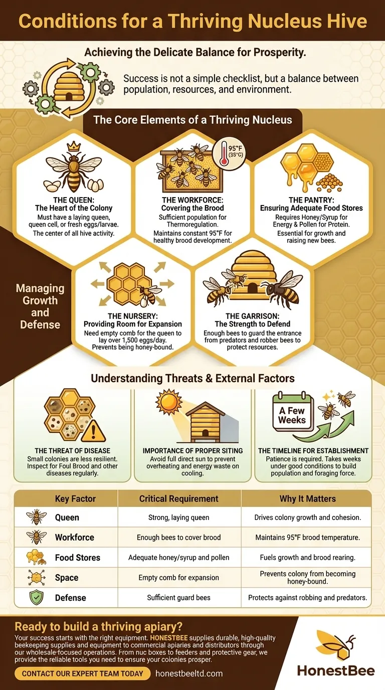 What conditions should be ensured for a nucleus to survive and prosper? Essential Hive Management Guide Visual Guide