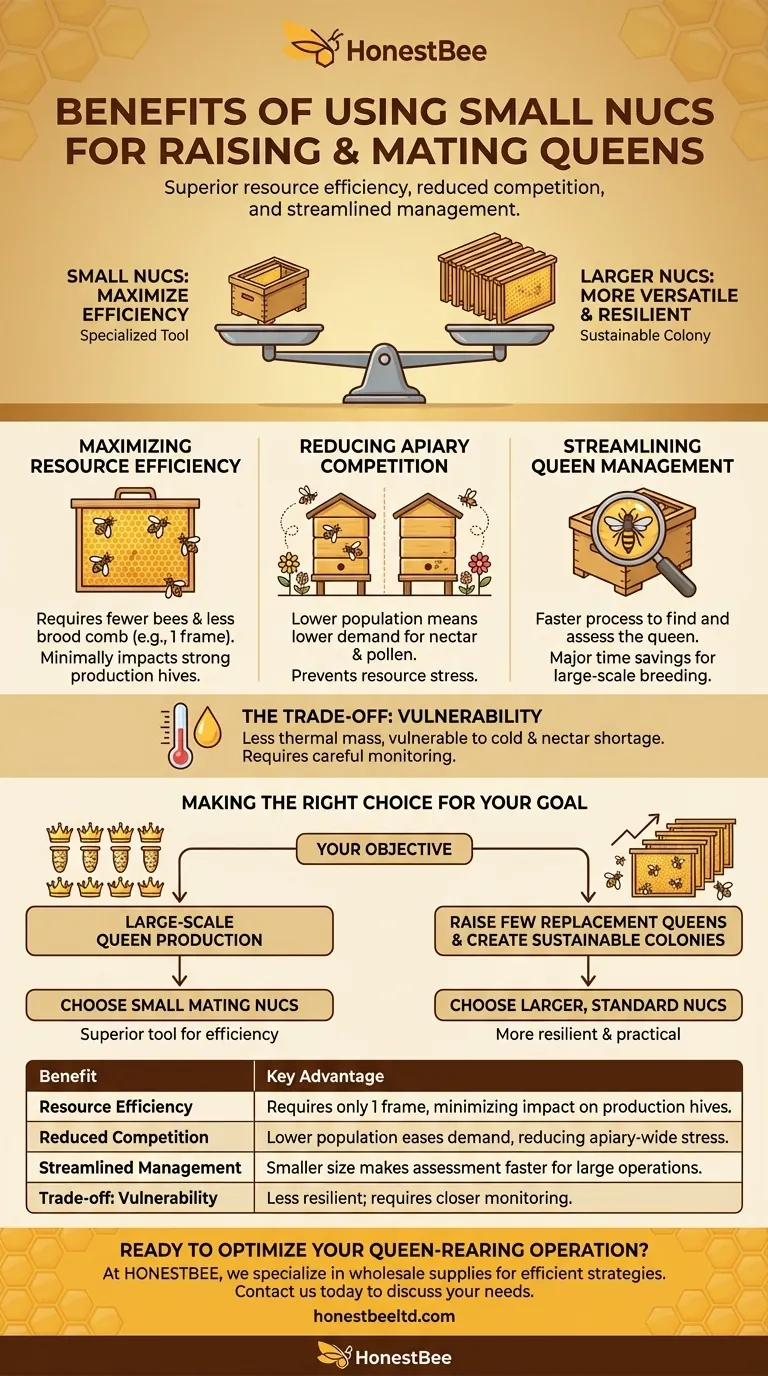 What are the benefits of using small nucs for raising and mating queens? Maximize Queen Production Efficiency Visual Guide