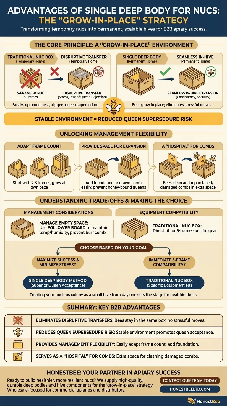 What is the advantage of using a single deep body for nucs? Achieve 'Grow-in-Place' Hive Success Visual Guide