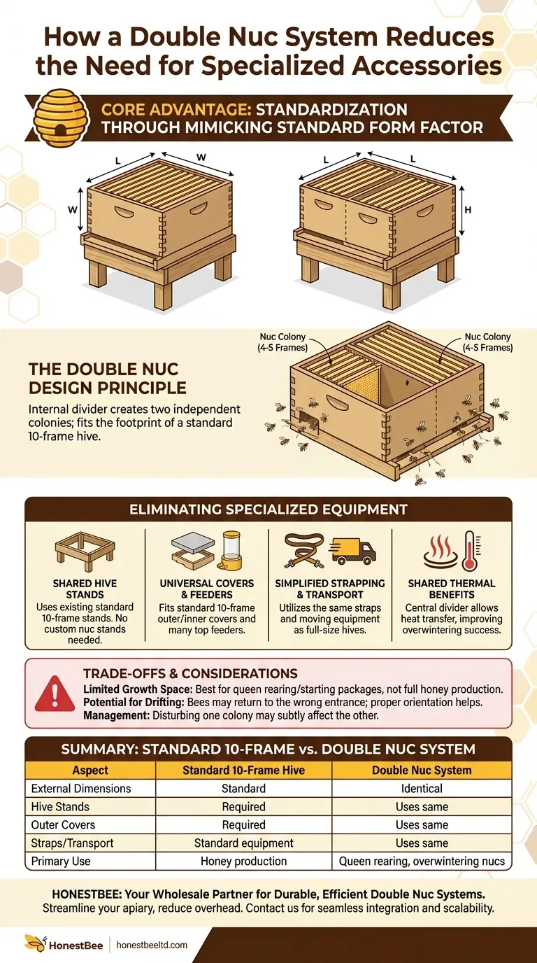 How does a double nuc system reduce the need for specialized accessories? Streamline Your Apiary with Standard Equipment Visual Guide