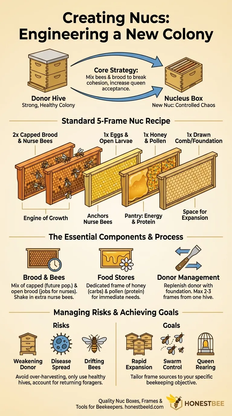 How are bees and resources distributed when creating nucs? A Guide to Building Strong Nucleus Colonies Visual Guide