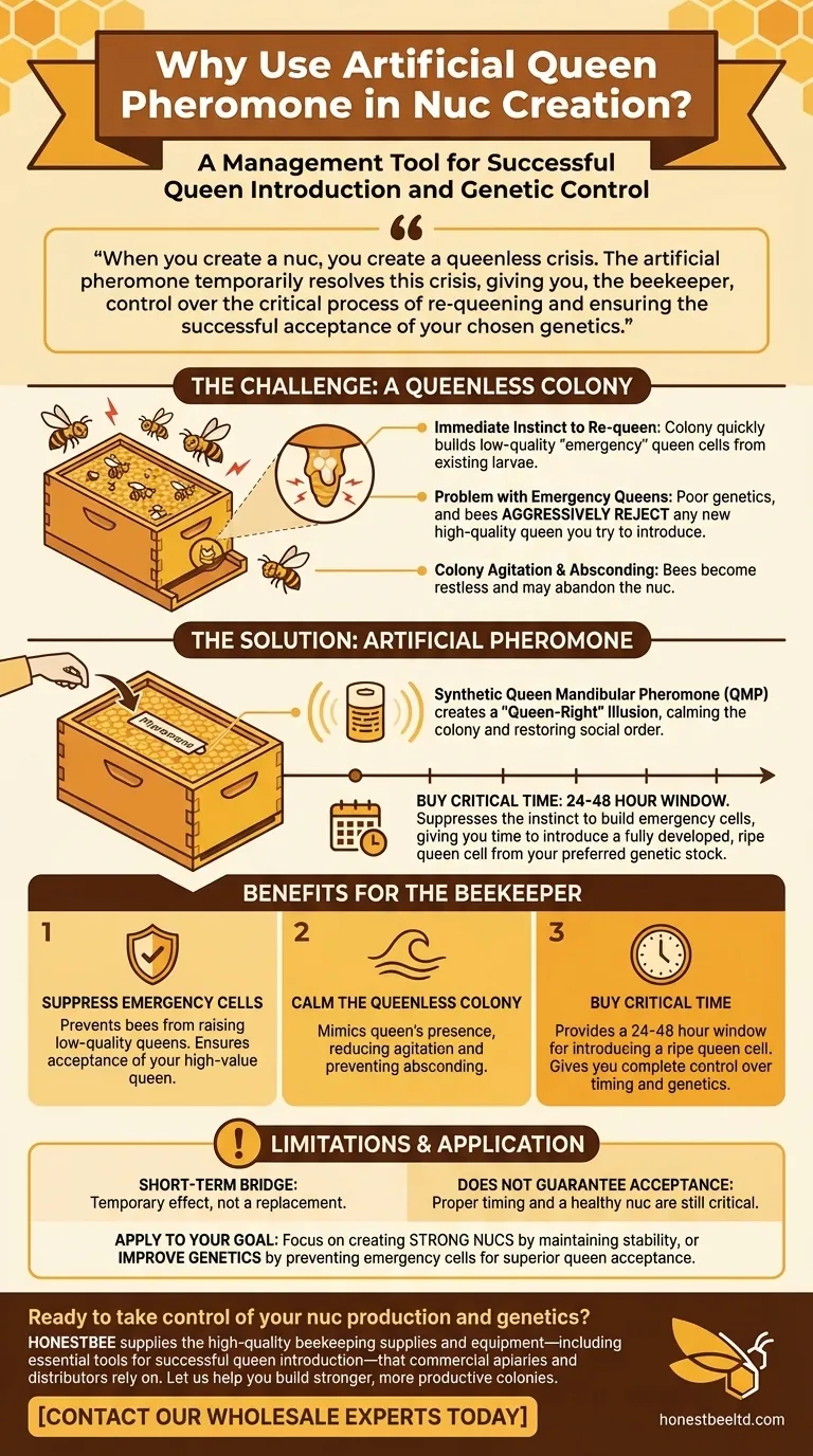 What is the purpose of using an artificial queen pheromone in nuc creation? Ensure Queen Acceptance and Genetic Control Visual Guide
