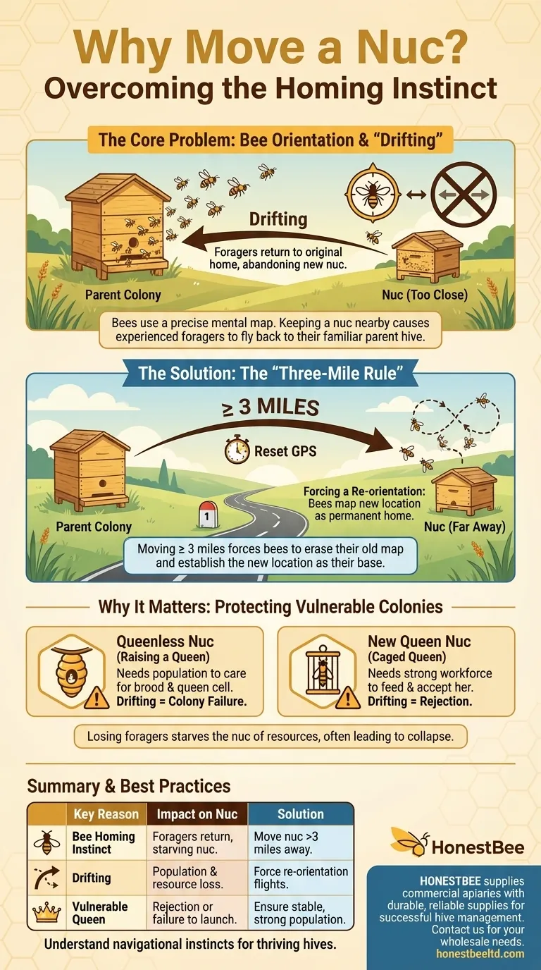为什么新分蜂群（nuc）在创建后需要移到不同的蜂场？为防止采蜜蜂丢失并确保蜂群的生存 图解指南