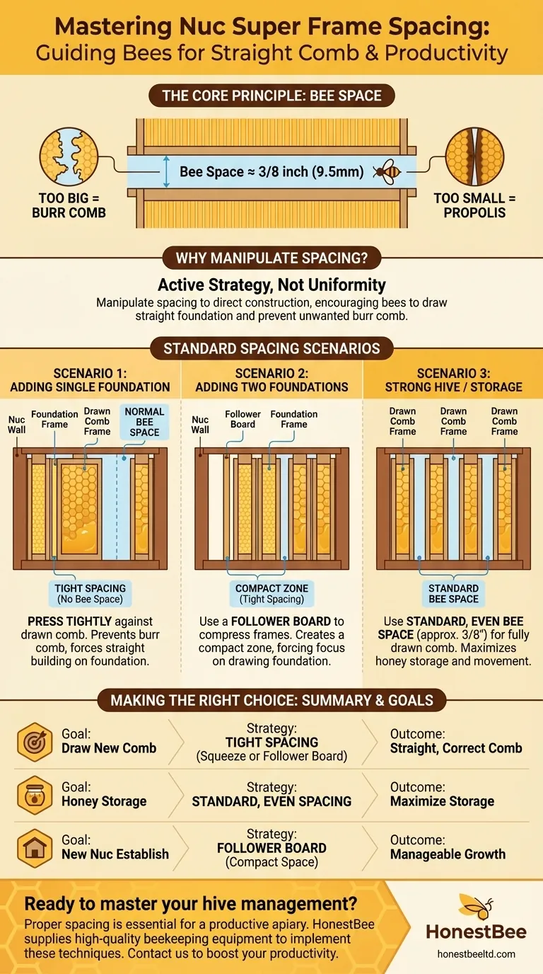 How is the spacing of frames managed in a nuc super? A Beekeeper's Guide to Perfect Comb Visual Guide