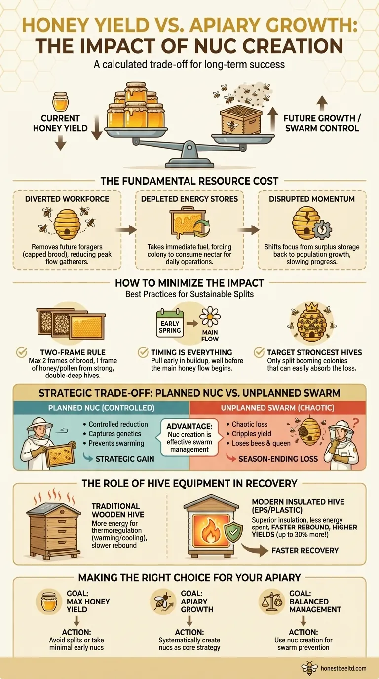 What is the impact of using honey production hives for nuc creation? Balancing Honey Yield with Apiary Growth Visual Guide