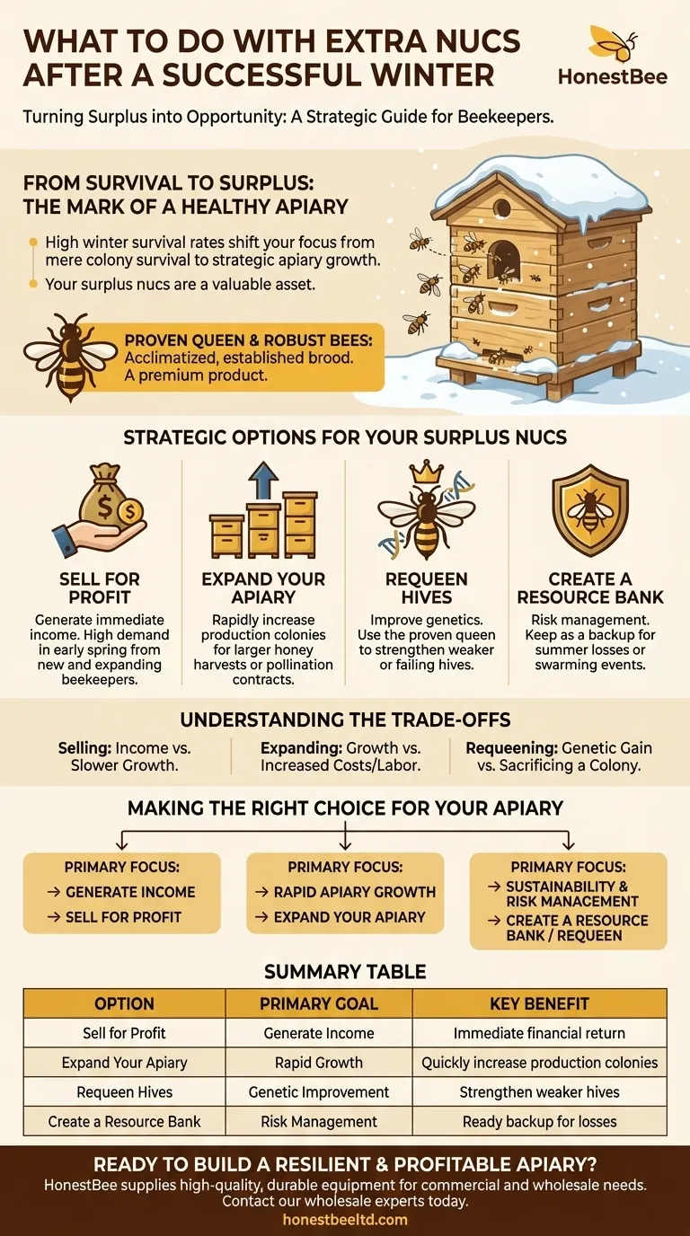 What can beekeepers do with extra nucs if all their bees survive the winter? Leverage Your Winter Success for Growth Visual Guide