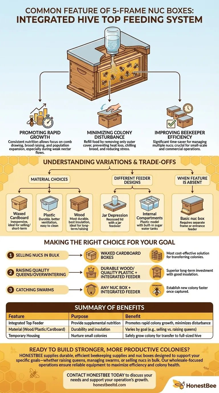 What is a common feature of many 5-frame nuc boxes? The Integrated Feeder for Efficient Colony Growth Visual Guide