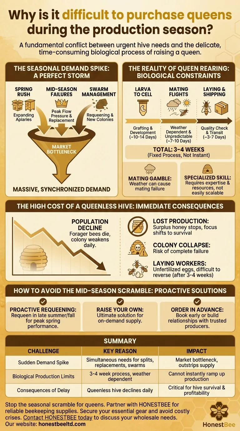 Why is it difficult to purchase queens during the production season? The Seasonal Demand Spike Explained Visual Guide