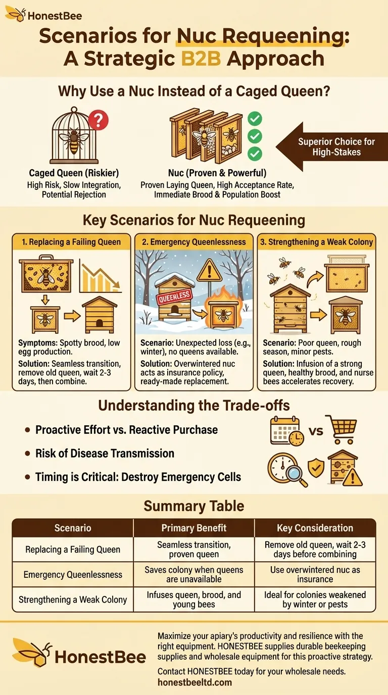 What are some scenarios where nucs are useful for requeening? Ensure Seamless Queen Replacement & Boost Hive Health Visual Guide