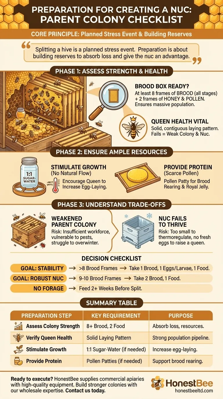What preparations are needed for the parent colony before creating a nuc? Ensure a Strong, Successful Split Visual Guide