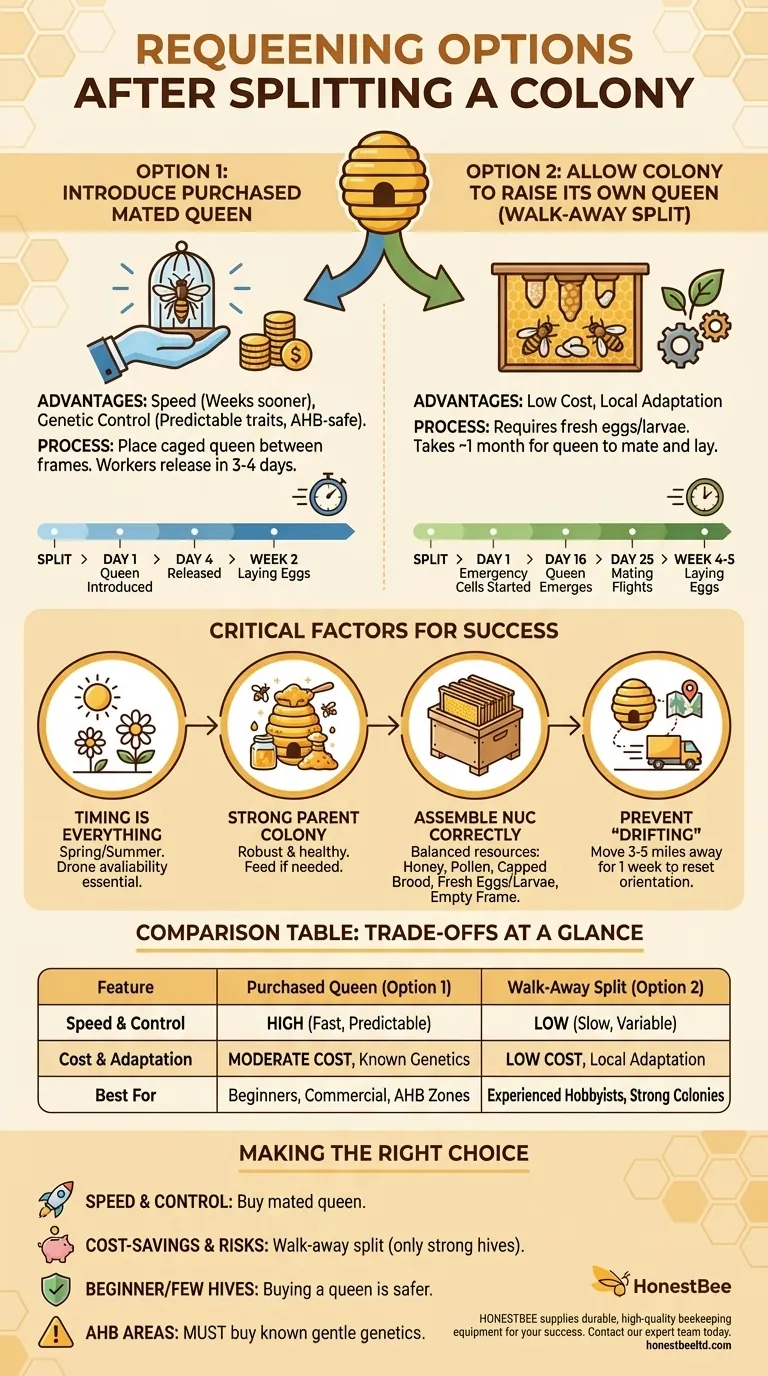 What are the options for requeening after splitting a colony? Choose the Right Path for Your Nuc Visual Guide