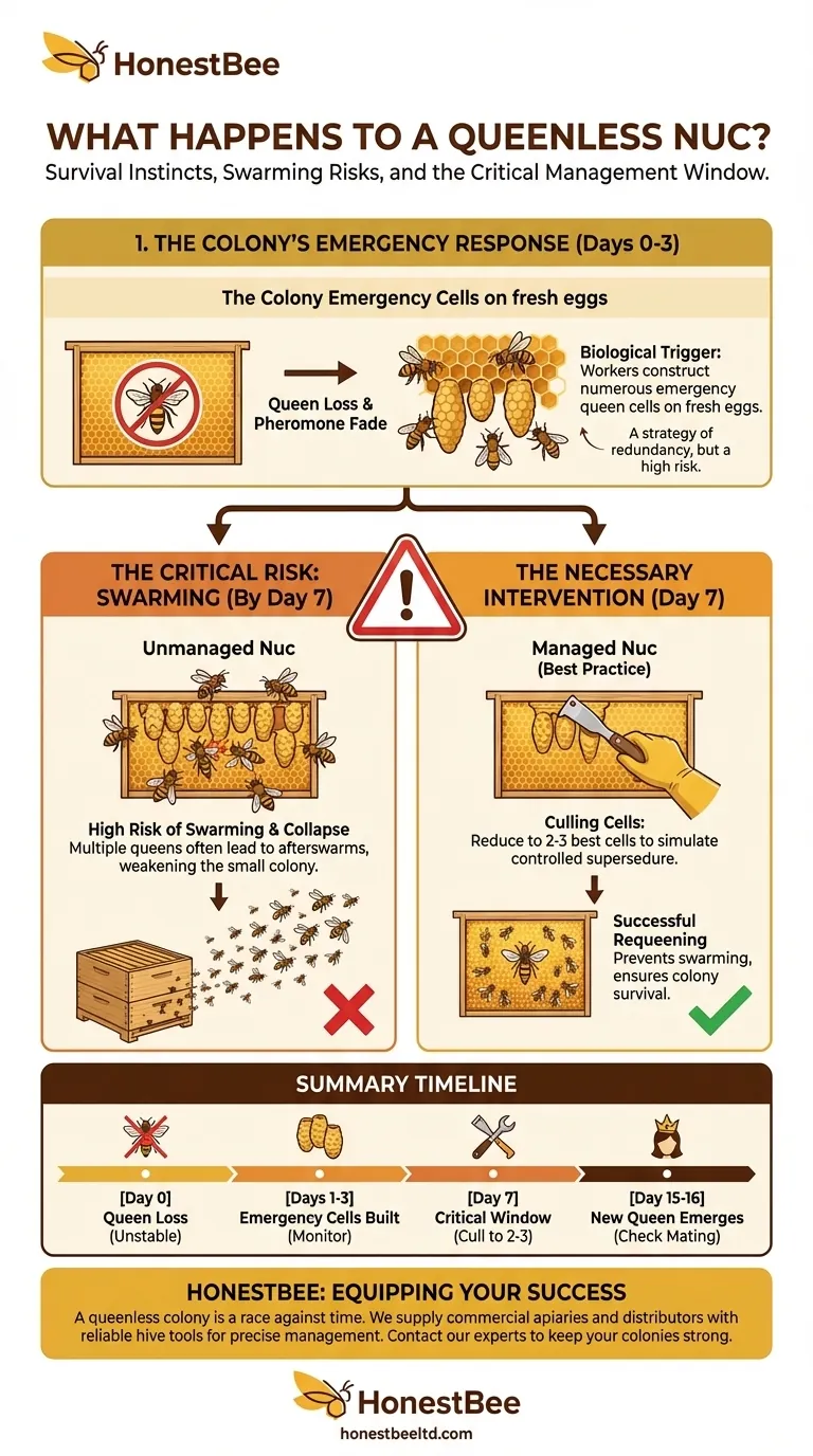 What happens if a nuc is left queenless? Prevent Swarming and Colony Collapse Visual Guide
