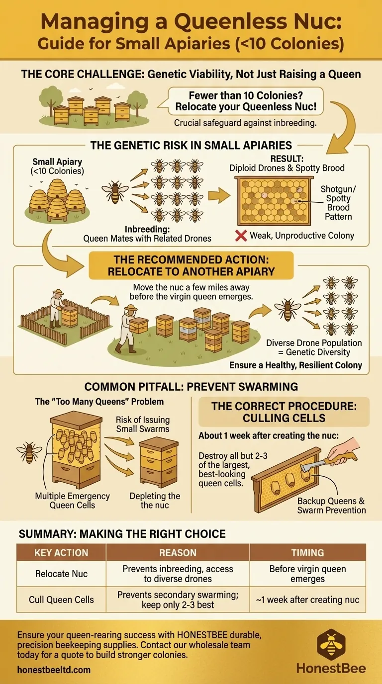 What should be done with a queenless nuc if fewer than 10 colonies are maintained? Prevent Inbreeding and Ensure Colony Success Visual Guide