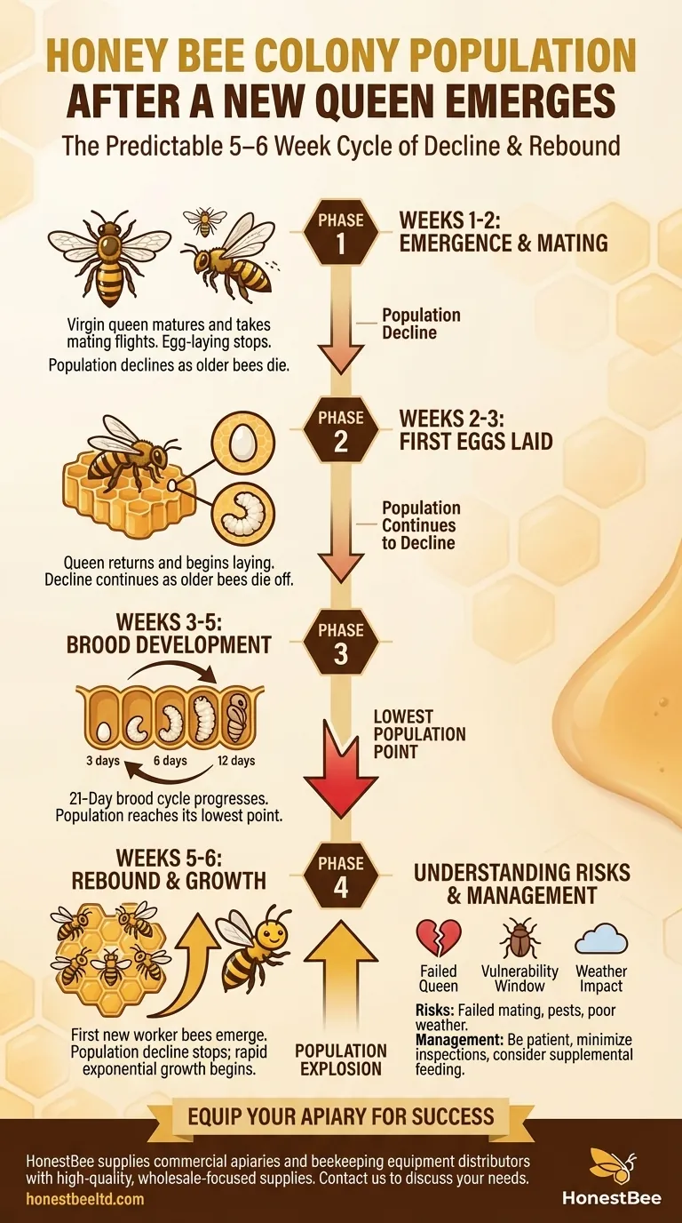 What happens to the colony population during the 5–6 weeks after a new queen emerges? Understand the Natural Dip and Rebound Visual Guide