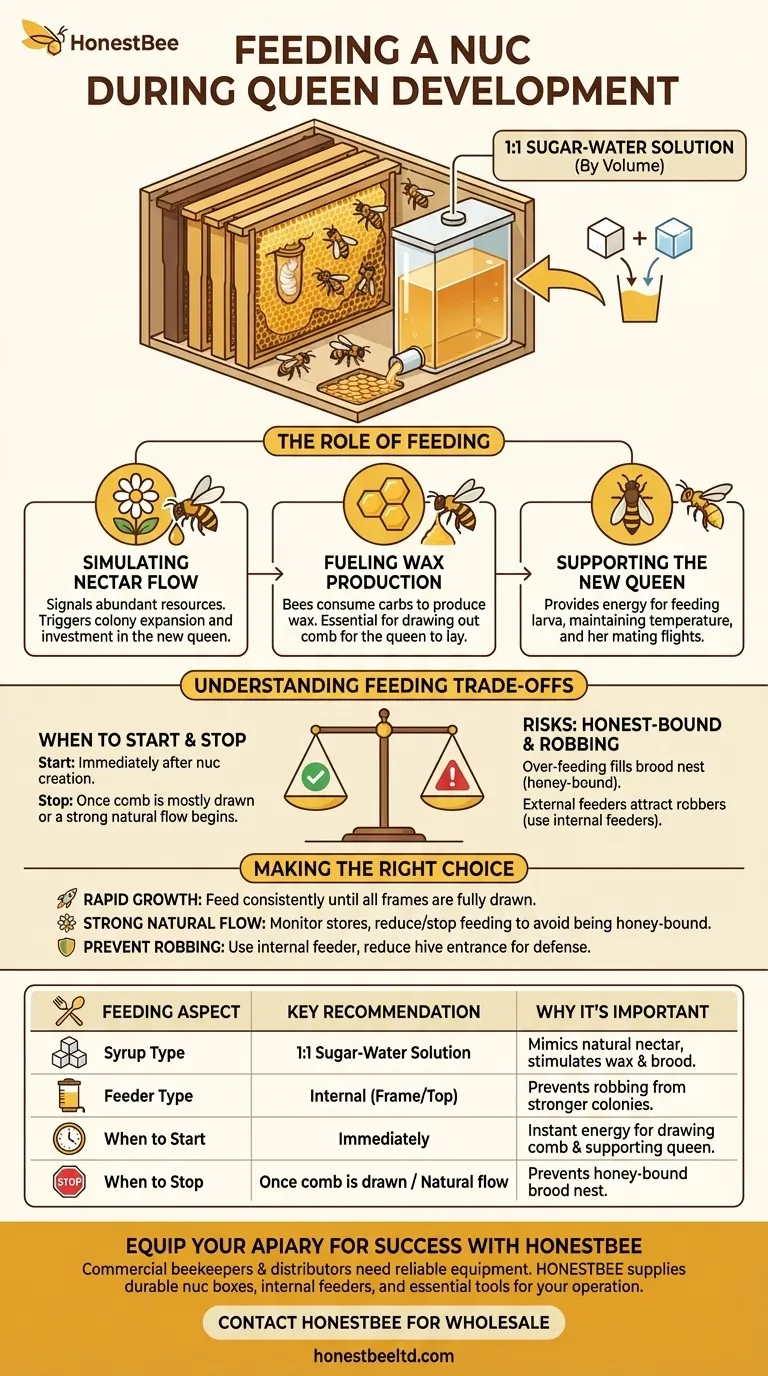 What should a nuc be fed during the period when the new queen is developing? Ensure a Strong Start for Your Colony Visual Guide