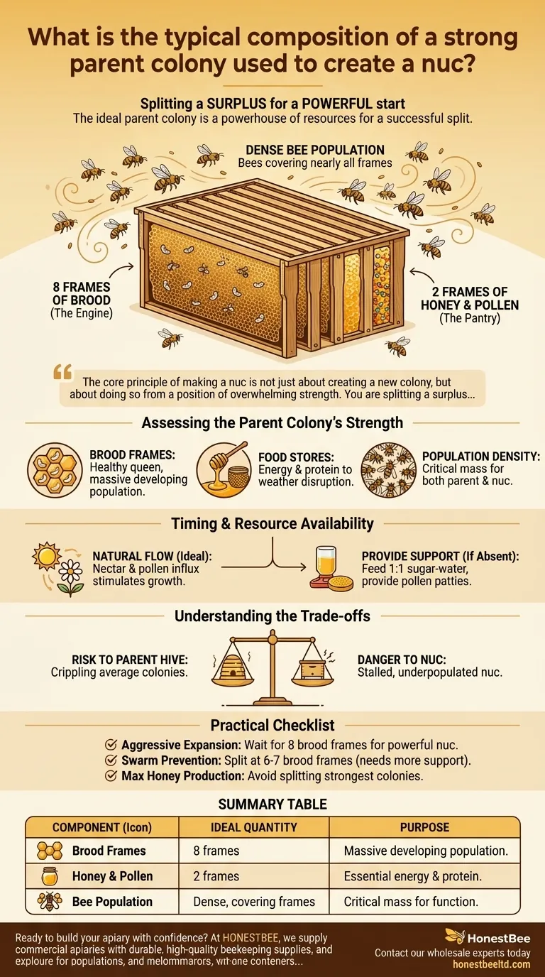 Qual é a composição típica de uma colônia-mãe forte usada para criar um núcleo? Construa um Núcleo Próspero a partir de uma Colmeia Poderosa Guia Visual